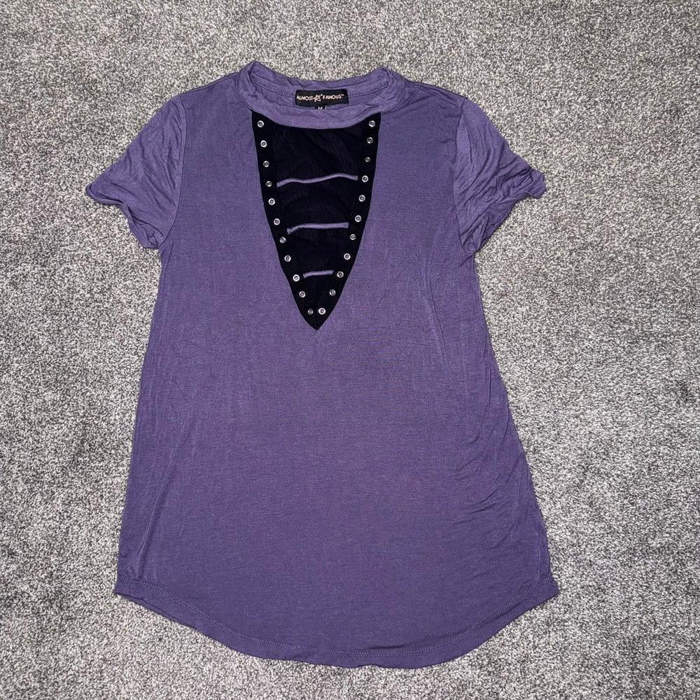 Almost Famous Purple & Black Short Sleeve Shirt w/ V-Neck Mesh Lace‎ Up Size Med